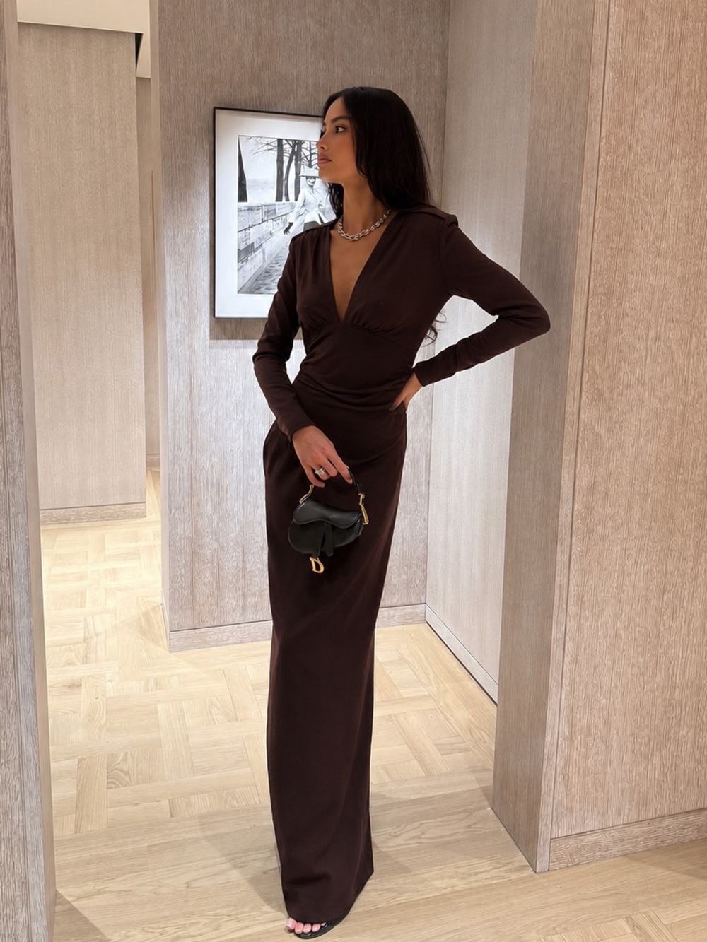 ZARA Chocolate Brown Deep V Long Sleeve Maxi Dress Open Back | Sz S